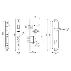 Замок врезной цилиндровый с защёлкой в комплекте с ручкой KIT P90 4585/3 CRONA SN (мат. никель), 5 к